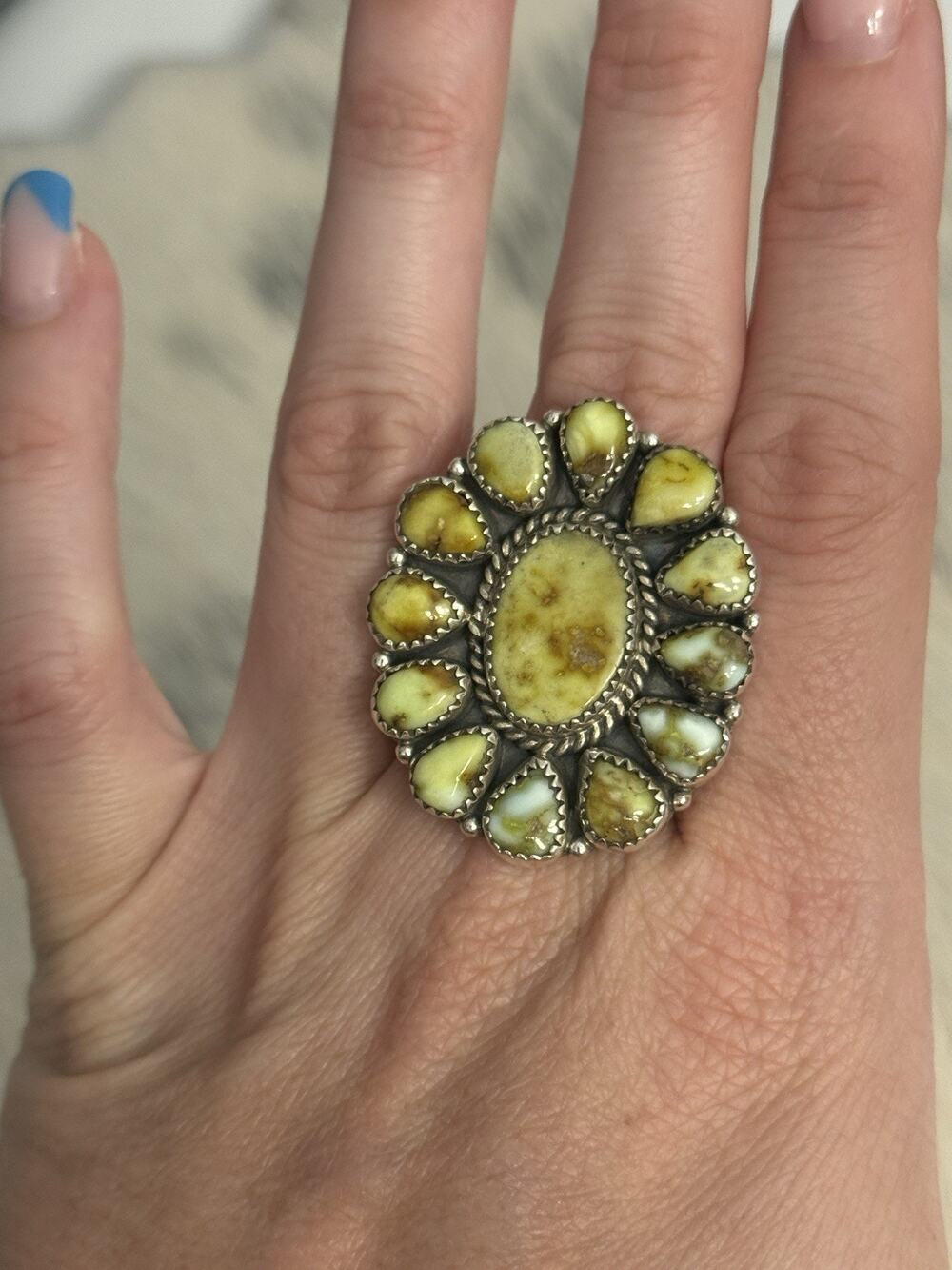 Sterling Silver Multi-stone Green Palomino Turquoise Huge Cluster Ring Adjust
